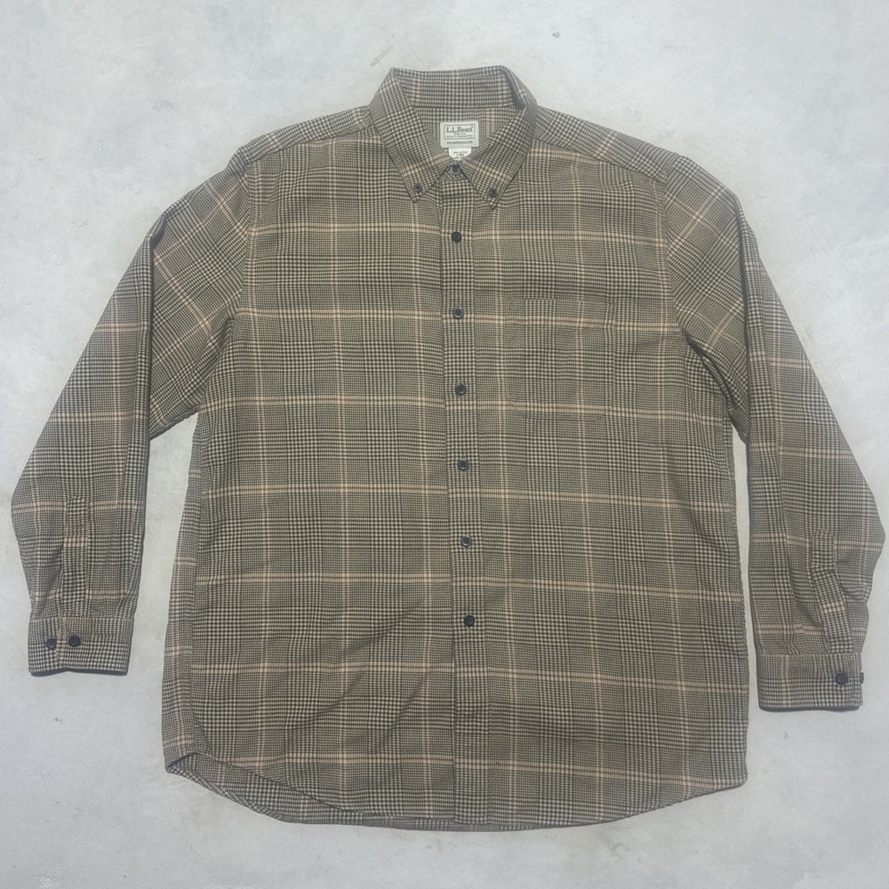 LL Bean Button Up Flannel Shirt Men's SZ L Tan Plaid Soft Outdoor Preppy Vintage